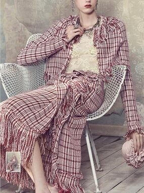 Fringed Tweed Skirt in Rose and Cream